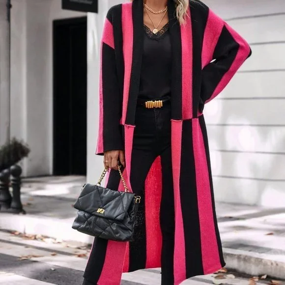 Pink & Black Preppy Womens Two Tone Open Front Longline Cardigan - Picture 3 of 6